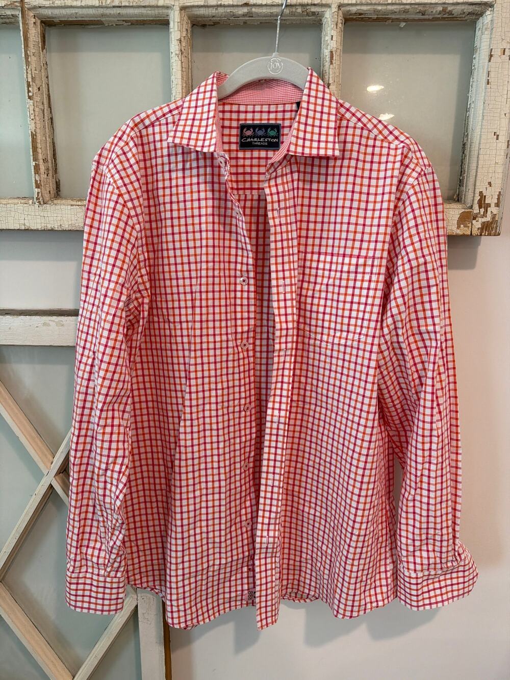 Charleston Threads size medium men’s plaid button down shirt pink orange white
